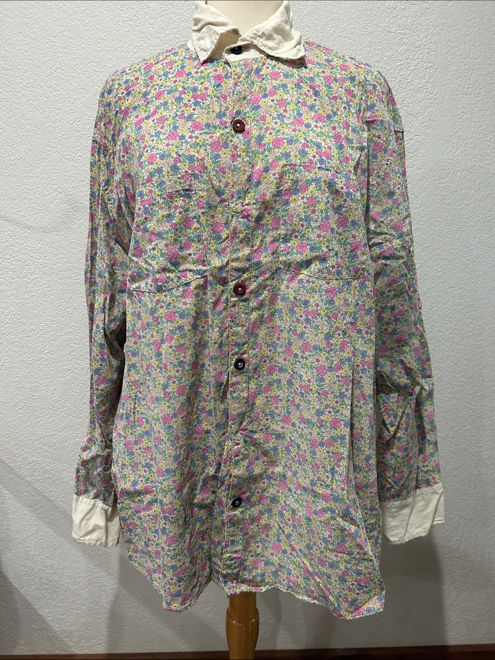 EUC Magnolia Pearl PINK blue cream Floral Button-Up Boyfriend Blouse shirt tunic